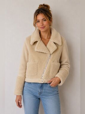 MINKPINK Faux Shearling Moto Jacket Cream Beige Teddy Lined XS/S Quiet Luxury